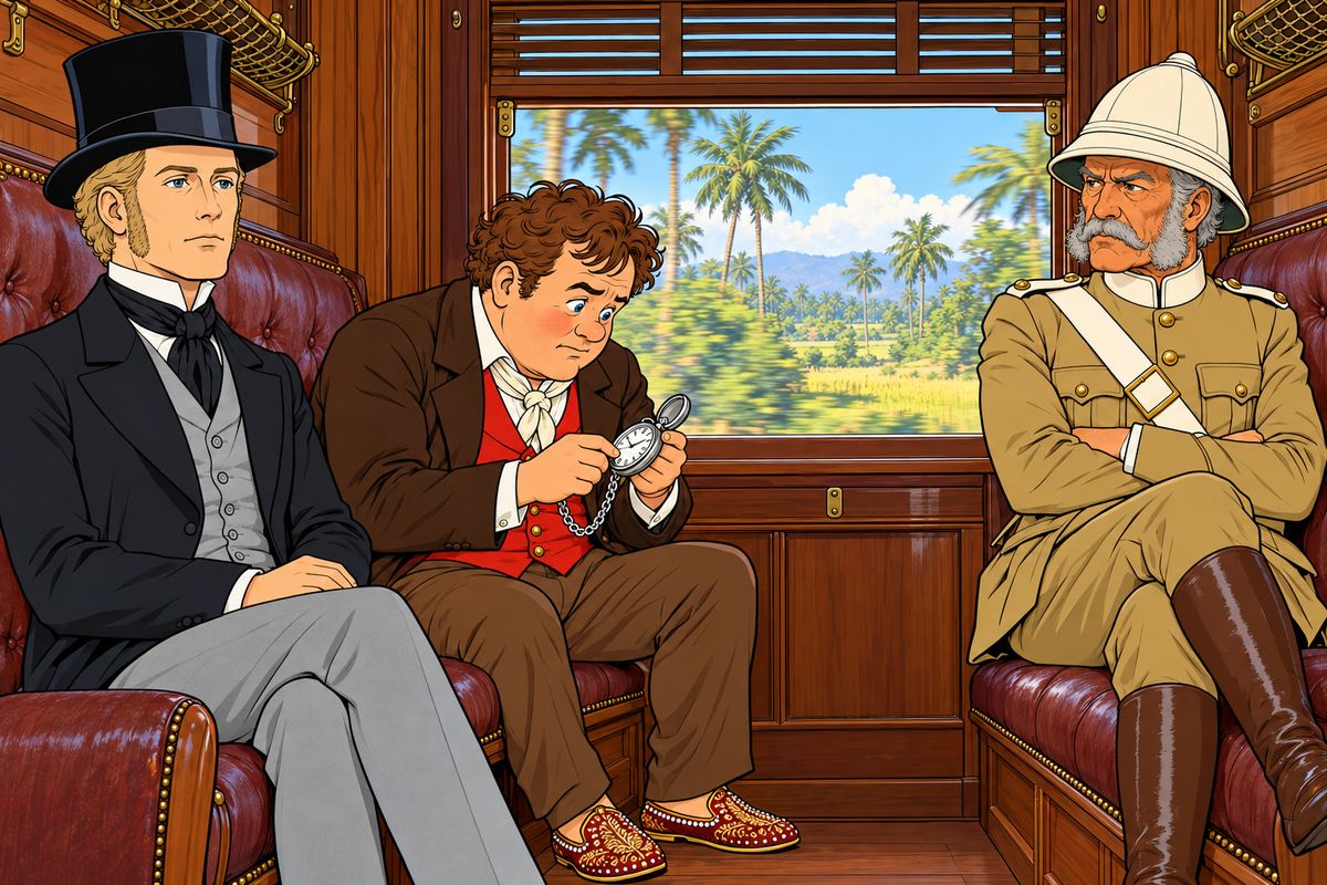 The train rushed east through the night. Sharing the carriage was Sir Francis Cromarty, Fogg's whist partner from the Mongolia. Mountains, jungles and plantations rolled past the windows. Fogg barely looked out, but Passepartout, proud of the pearl-trimmed slippers he had bought at Burhampoor, now believed in the wager and fretted at every stop.