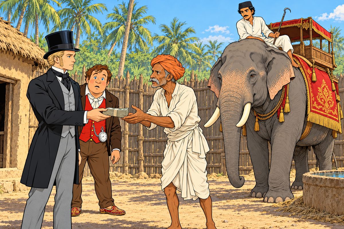There were no carriages left, but Passepartout found an elephant. Its owner refused every offer to hire it, so Fogg calmly bid to buy it outright and went up to two thousand pounds, while Passepartout turned white. Kiouni was theirs. Fogg and Sir Francis took the howdahs, Passepartout sat astride between them, and with a young Parsee guide on the elephant's neck they set off into the forest.