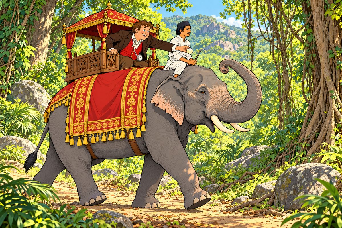 To save twenty miles, the Parsee guide drove Kiouni straight through the forests of the Vindhia Mountains. Mr. Fogg and Sir Francis were badly jolted in their howdahs. Passepartout bounced along the elephant's back like a clown on a springboard, laughing all the while and slipping lumps of sugar into Kiouni's trunk, which never slowed his steady trot.