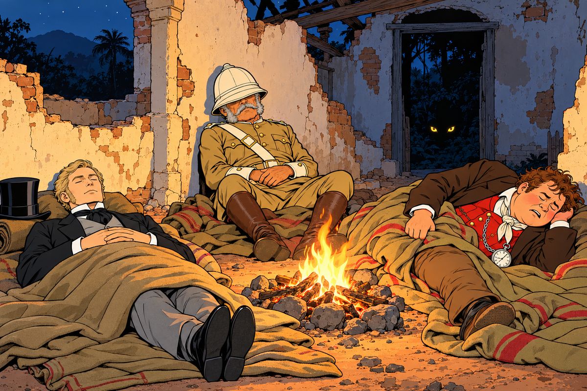 By eight that evening they had crossed the main ridge and camped in a ruined bungalow. Panthers growled and monkeys chattered in the darkness outside. Sir Francis slept heavily like a tired old soldier, and Passepartout tossed in uneasy dreams of bouncing, but Mr. Fogg slumbered as peacefully as if he were at home in Saville Row.