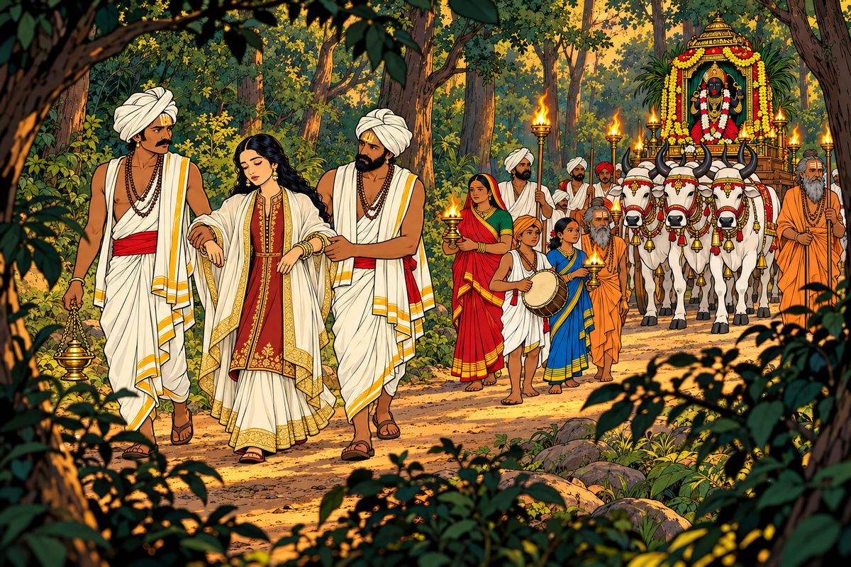 The next afternoon, hidden in a thicket, they watched a strange procession pass by torchlight. There were chanting priests, a cart carrying a statue of the goddess Kali, and guards bearing the dead rajah of Bundelcund. Among them a young woman covered in jewels stumbled at every step. 'A suttee,' whispered Sir Francis. At dawn she was to be burned with her dead husband.