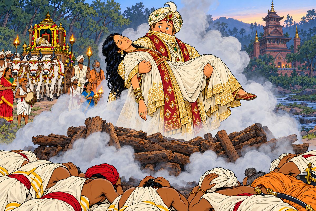 At dawn the drugged Aouda was laid beside her husband on the oil-soaked pyre, and a torch was thrust into it. Suddenly a cry of terror rose. The dead rajah stood up in the smoke, lifted his wife in his arms and stepped down! Priests, soldiers and fakirs fell flat on their faces. It was Passepartout, in the rajah's robes.