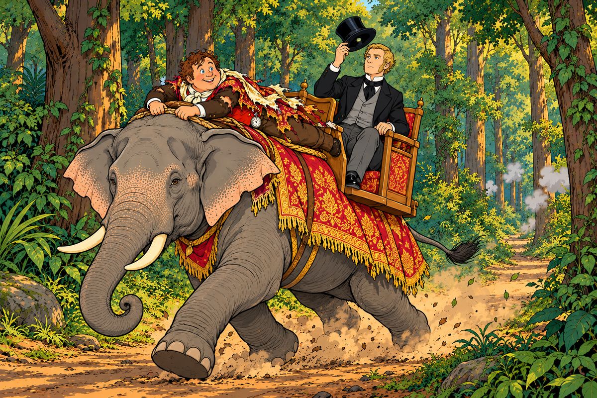 Moments later all four were fleeing on Kiouni, with Aouda still senseless in a howdah. A bullet whizzed clean through Mr. Fogg's hat as the trick was discovered, but they soon outran the soldiers. Sir Francis warned that Aouda would never be safe in India, so Fogg later offered to take her to a relative in Hong Kong.