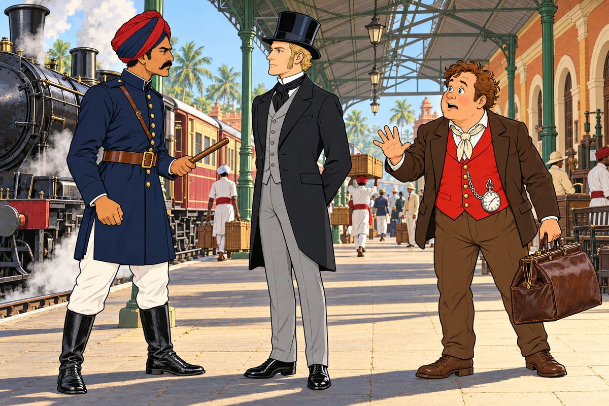 At Calcutta station a policeman stepped up: "Mr. Phileas Fogg? Be so good as to follow me." Fogg showed no surprise, for the law is sacred to an Englishman, and he, Aouda and Passepartout were driven to a barred room to wait for the judge, though their steamer for Hong Kong sailed at noon.