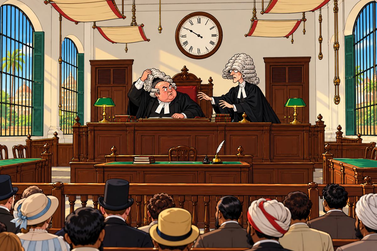 At half-past eight fat Judge Obadiah bustled in, clapped a wig on his head and cried, "Heh! This is not my wig!" It belonged to his clerk, Mr. Oysterpuff. Once the wigs were swapped, three priests filed in, and Oysterpuff read out a charge of sacrilege against Fogg and his servant.