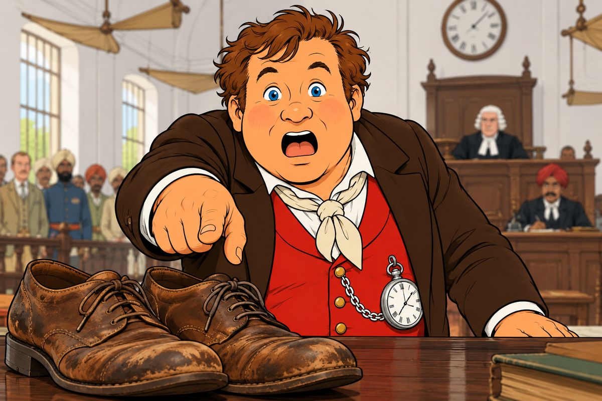 But the charge was about the Bombay pagoda, and when Oysterpuff set a pair of shoes on his desk, Passepartout blurted "My shoes!" and gave himself away. Prison and fines followed, yet Fogg, without lifting an eyebrow, laid £2,000 bail on the desk and walked free, while Fix, who had set the trap, stamped his feet on the quay as the Rangoon prepared to sail.