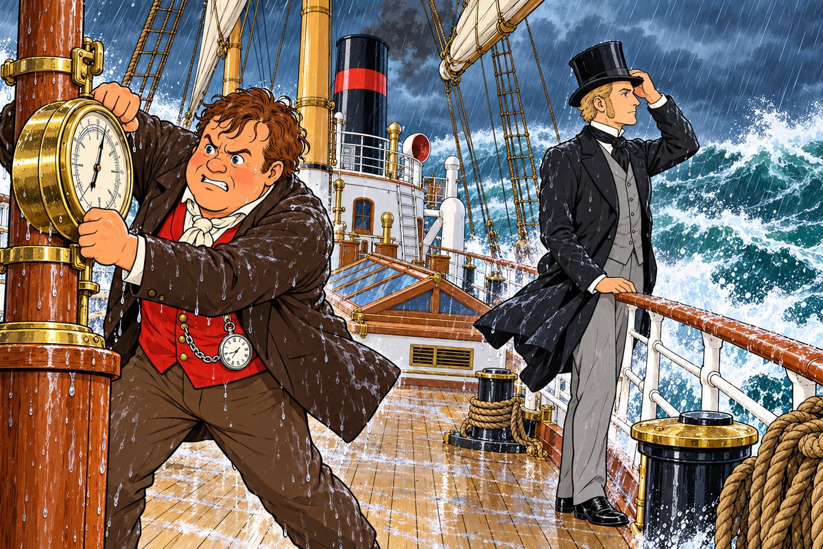 A gale struck the Rangoon on the 3rd of November, and she crawled on through towering waves. Passepartout raged at the weather and shook the barometer, which refused to rise, while Fix secretly rejoiced. Phileas Fogg simply watched the sea with perfect calm, as if the storm were part of his programme.