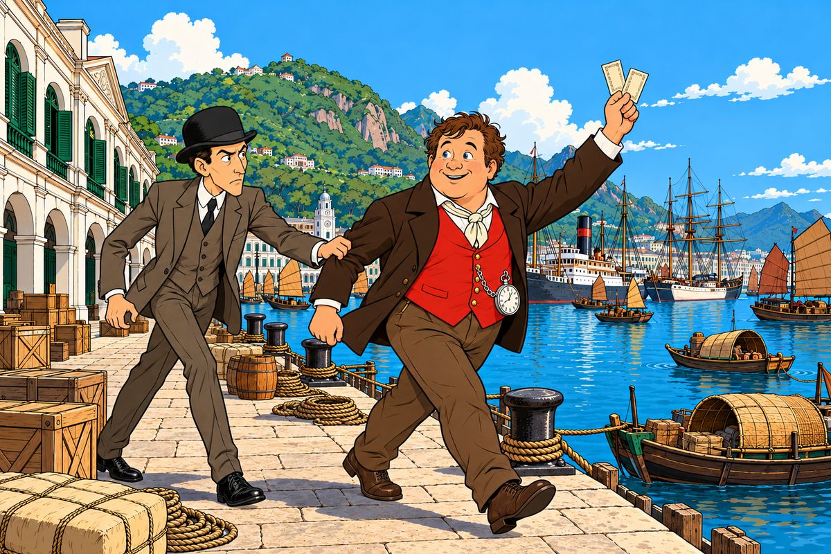 On the quay Passepartout found Fix pacing in a gloom: his arrest warrant still had not come, and Hong Kong was the last British soil on Fogg's route. Together they booked berths, and the clerk told them the repaired Carnatic would sail that very evening, not next morning. Passepartout hurried off to tell his master, but Fix caught his arm.