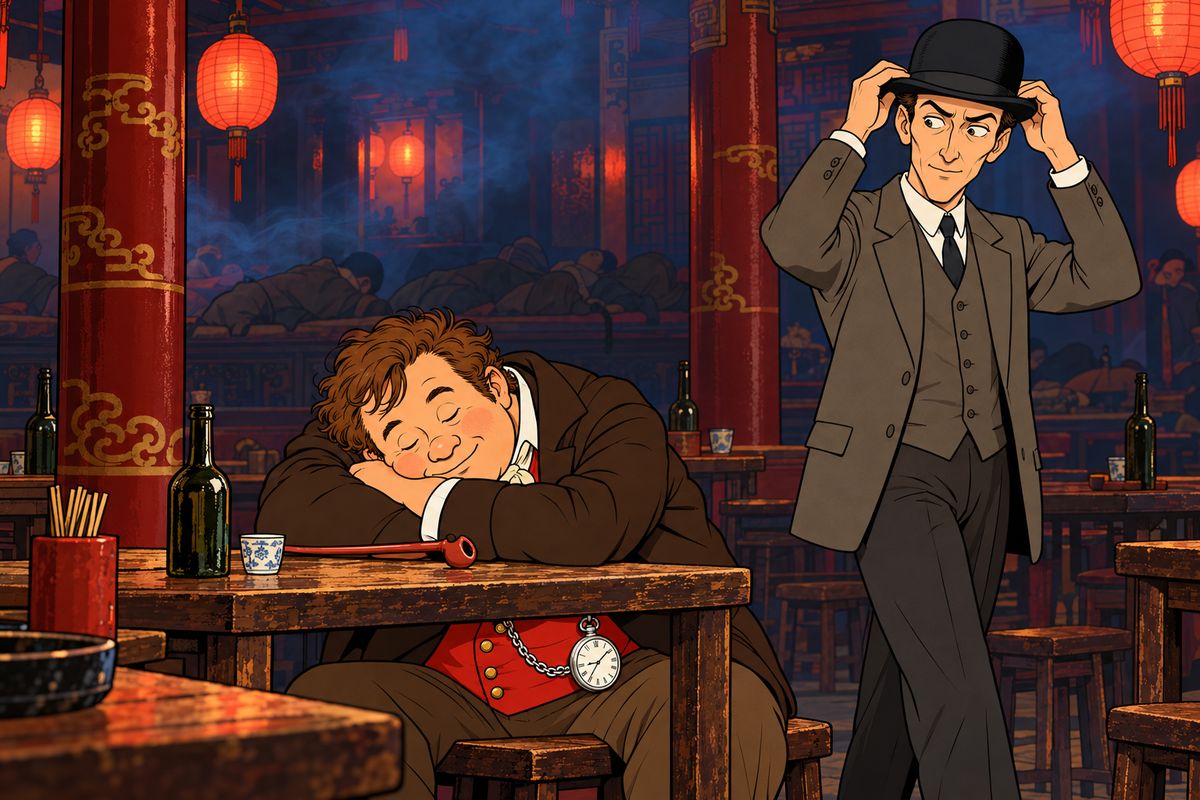 In a smoky tavern Fix showed his police commission and named Fogg as the Bank robber, offering a share of the reward to keep him in Hong Kong. "I will never betray him—not for all the gold in the world," Passepartout swore. So Fix slipped him an opium pipe, and soon the faithful servant slumped asleep on the table.