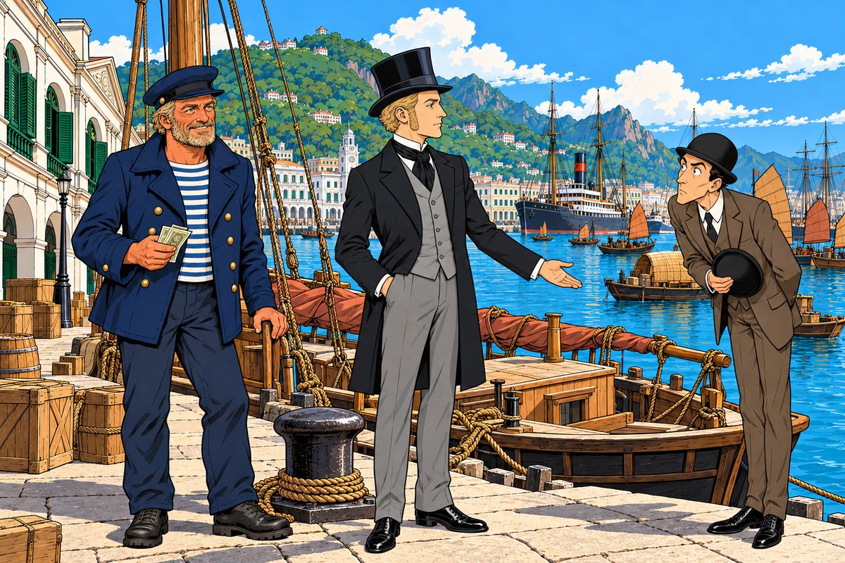 Next morning Fogg and Aouda reached the quay to find the Carnatic had sailed and Passepartout gone. Undaunted, Fogg hired John Bunsby's swift little pilot-boat Tankadere, No. 43, to race eight hundred miles to Shanghai for the San Francisco steamer. Then, with perfect politeness, he offered the astonished Fix a place aboard. "Thanks, sir; I was about to ask the favour."