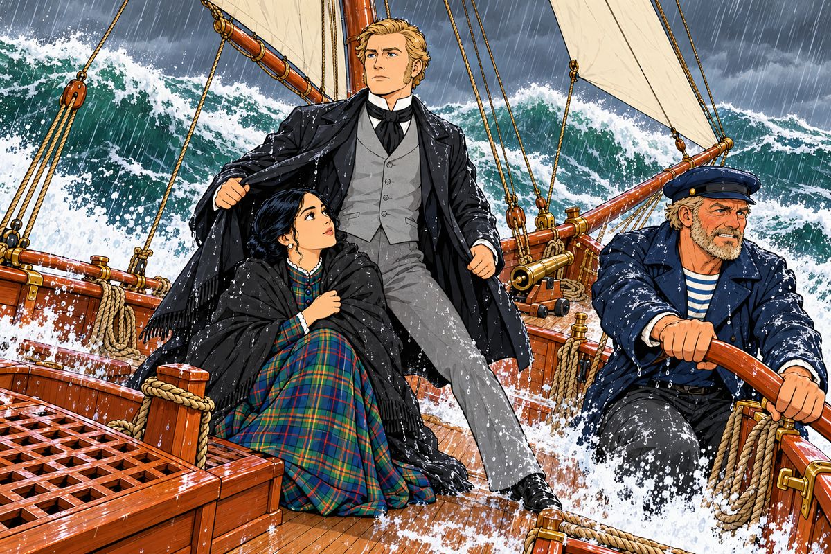 The Tankadere raced north from Hong Kong until a typhoon struck, and the little pilot-boat flew before towering waves under a single storm-jib. When John Bunsby asked which port to run for, Fogg answered calmly, 'The only port is Shanghai.' All through the terrible night he shielded Aouda from the breaking seas.