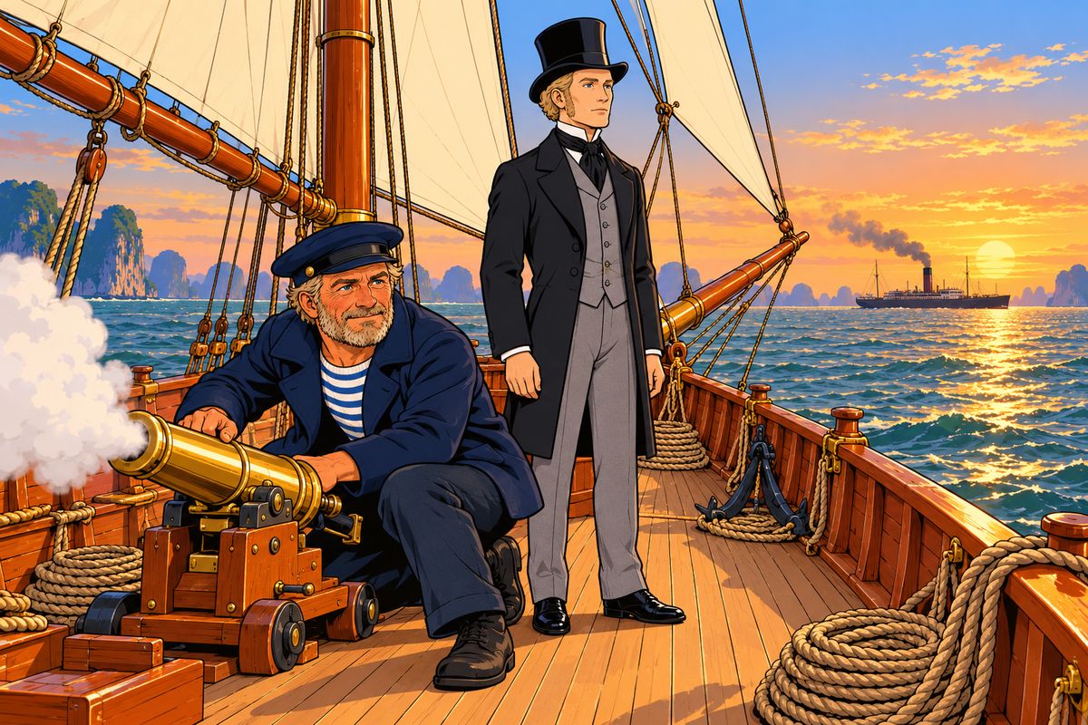 By the next evening the storm had passed, but they were still three miles from Shanghai when a long black funnel appeared: the American steamer, leaving for Yokohama on time. 'Signal her!' said Fogg quietly. Bunsby ran the flag up at half-mast, the sign of distress, and the little brass cannon boomed across the water.