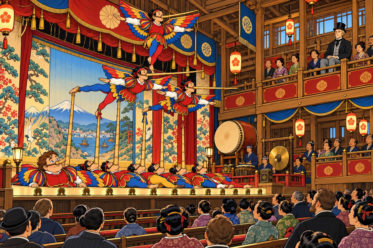 That afternoon Passepartout, in painted wings and a six-foot bamboo nose, lay at the base of the Long Noses' human pyramid while tier after tier of acrobats balanced on the noses above him. Then, in the right-hand gallery, he saw a tall, calm gentleman beside a young lady. Somehow, Mr. Fogg had reached Yokohama after all.