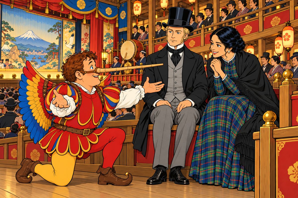 Passepartout leapt up, the pyramid toppled like a house of cards, and he scrambled into the gallery to fall at his master's feet, crying, 'Ah, my master! my master!' Fogg calmly paid the furious Batulcar for the damage, and by half-past six all three were aboard the American steamer, with Passepartout still wearing his wings and nose.