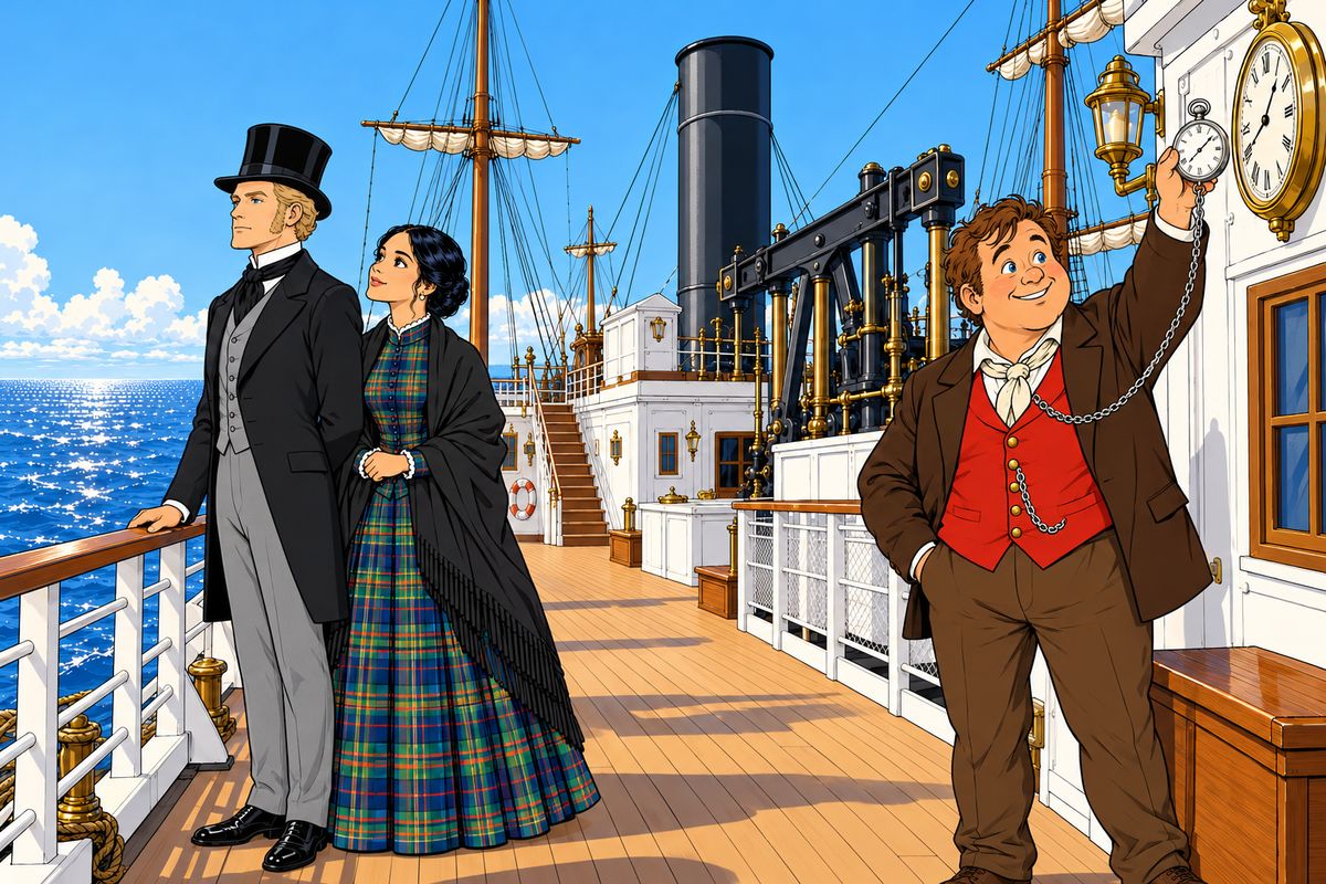 The Tankadere's distress flag had brought the Yokohama steamer to her rescue, and in Yokohama Fogg had found Passepartout again. Now the paddle-steamer General Grant rolled gently across a calm Pacific. Aouda grew quietly fonder of her silent protector, and on 23 November Passepartout crowed with joy: his London watch at last agreed with the ship's clocks!