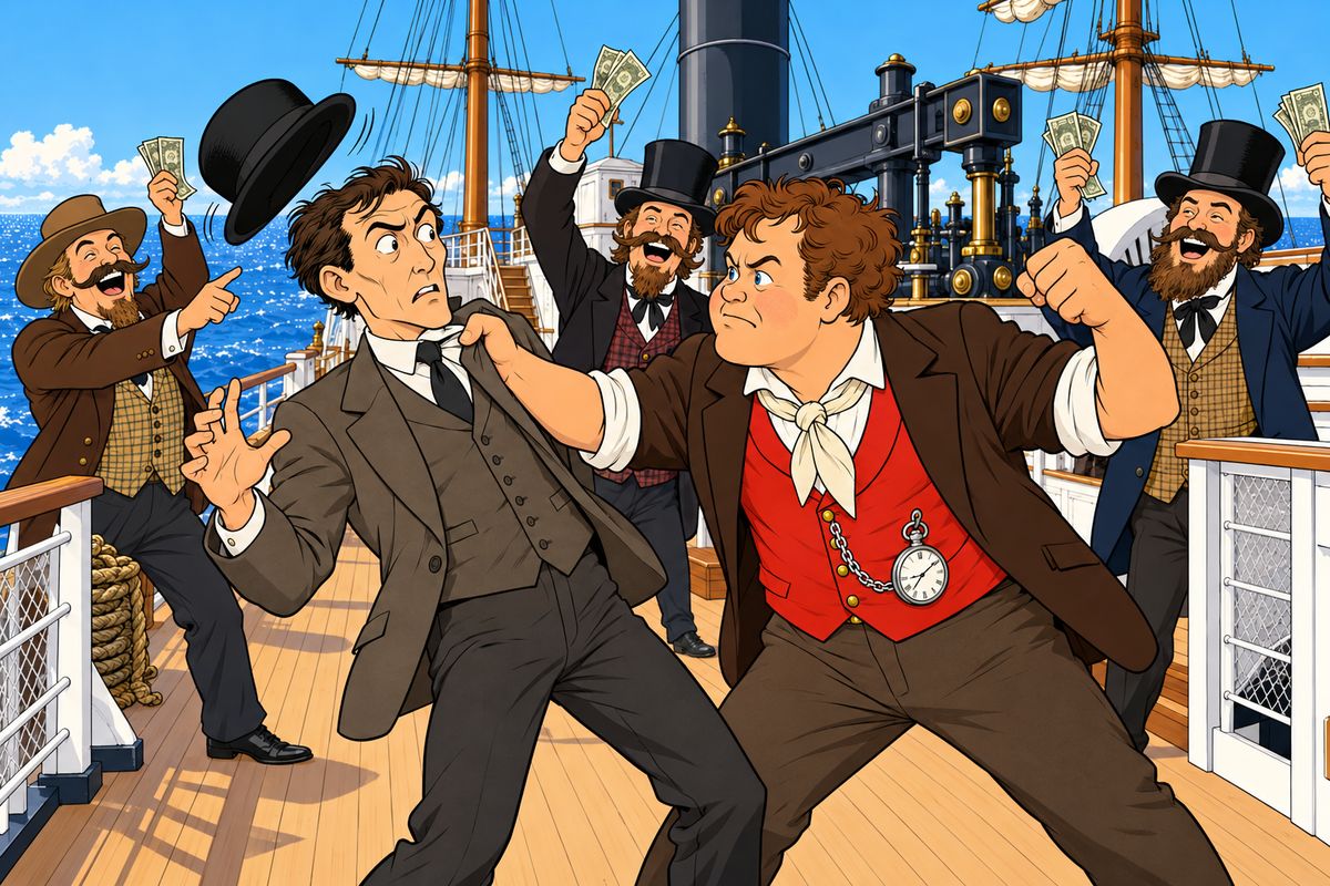 But Fix was aboard too. Passepartout rushed at him on the forward deck and gave him a fine thrashing while Americans laughed and bet. Then Fix calmly explained: Fogg was heading home, so now he would help him reach England. "Friends? No," said Passepartout. "But allies, perhaps."