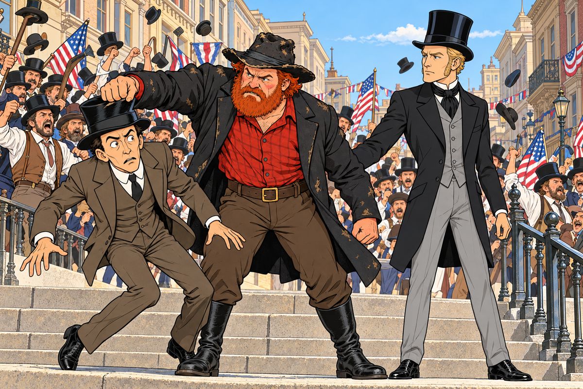 On 3 December, right on schedule, they reached San Francisco. Strolling up Montgomery Street, Fogg, Aouda and Fix were caught in a roaring election riot. As Fogg shielded Aouda, a red-bearded giant swung at him, but Fix leapt in and took the blow, which crushed his silk hat flat. "We will meet again!" bellowed Colonel Stamp Proctor.