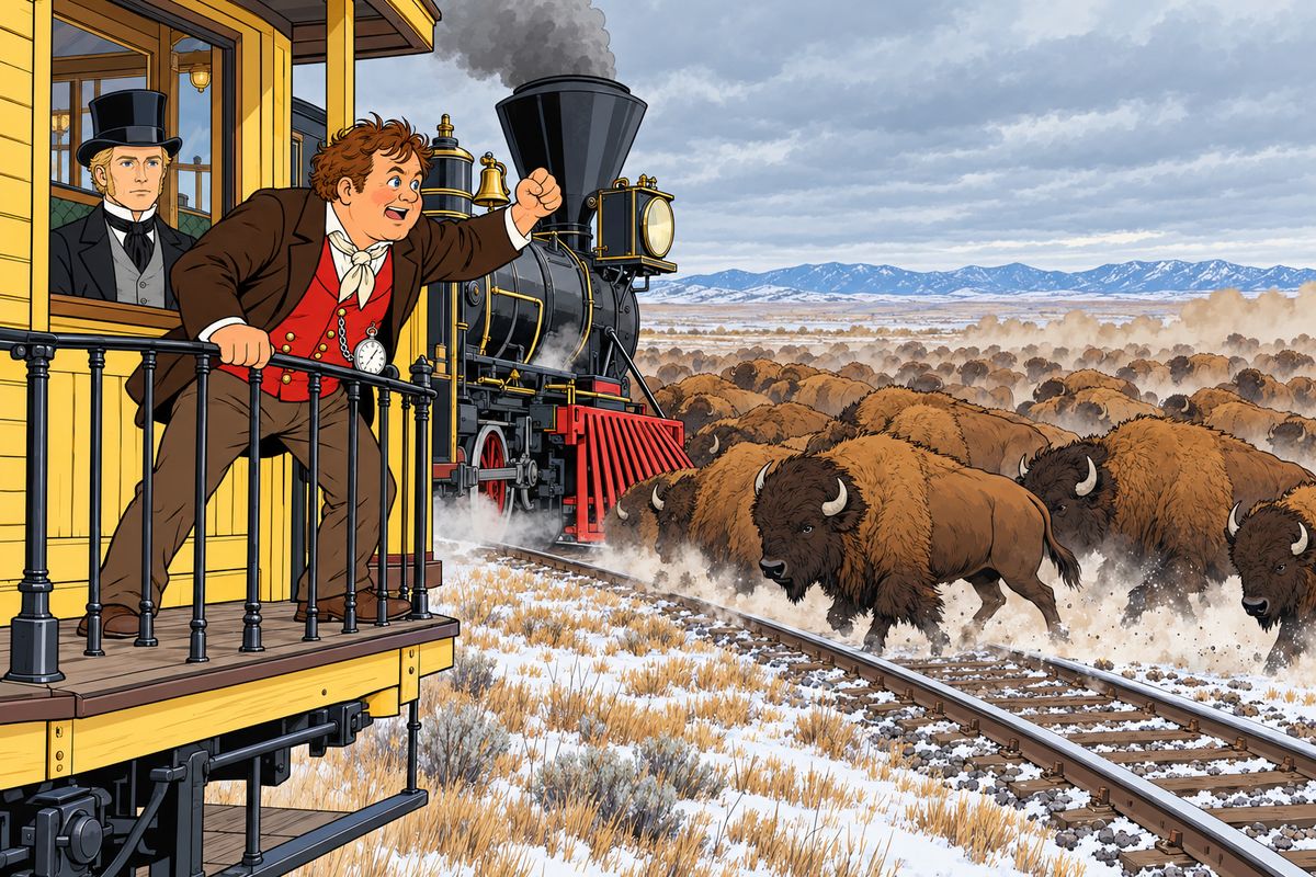 The next day, beyond Reno, ten or twelve thousand buffalo blocked the line, and for three full hours the herd streamed across the rails. 'What a country!' fumed Passepartout from the platform. He wished he could fire his revolvers at them. Inside, Fogg sat perfectly still and waited for the buffalo to finish crossing.