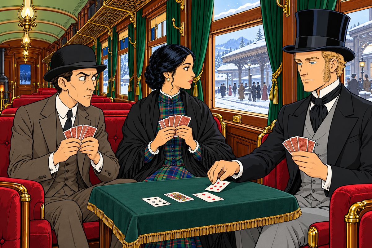 At Green River station Aouda saw Colonel Stamp Proctor, the man who had insulted Fogg in San Francisco, walking on the platform. Fogg must not meet him. Fix quickly suggested a game of whist, and soon Fogg was happily playing cards in the car and had no reason to leave it. 'Now we've got him,' thought Passepartout. 'He won't budge.'