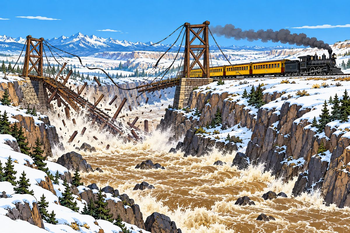 At Medicine Bow a signalman warned that the suspension bridge was about to collapse. Engineer Forster wanted to rush the train across at top speed, and Colonel Proctor and the cheering passengers agreed. Nobody listened to Passepartout's sensible idea of crossing on foot and letting the train follow empty. The train reversed, then charged across at a hundred miles an hour. Just behind it, the bridge crashed into the rapids.
