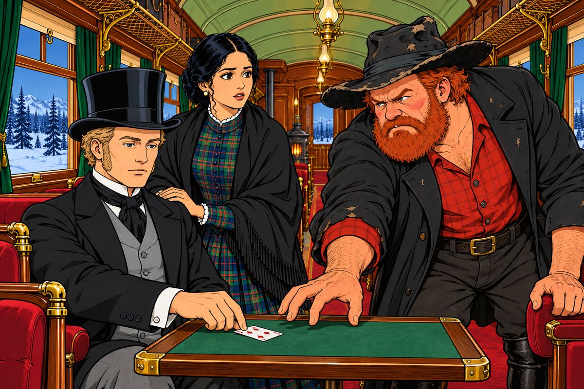 Near the Platte River, Colonel Proctor leaned over Fogg's whist game and sneered, "You don't understand anything about whist." A duel was fixed for Plum Creek, but the conductor would not stop there, so he cheerfully offered the empty rear car of the moving train instead, the passengers kindly stepping out.