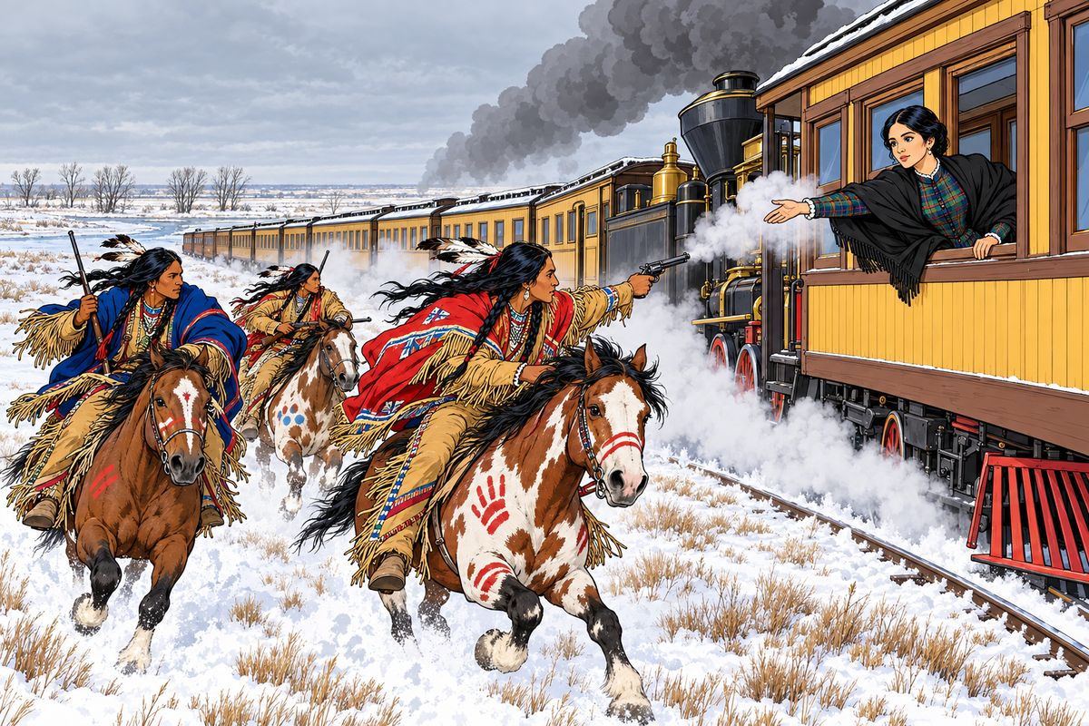Before a single duelling shot was fired, a band of Sioux leapt onto the moving train. A chief who seized the engine opened the throttle instead of closing it, and the train raced wildly across the plain, while Aouda bravely fired back from a broken window.