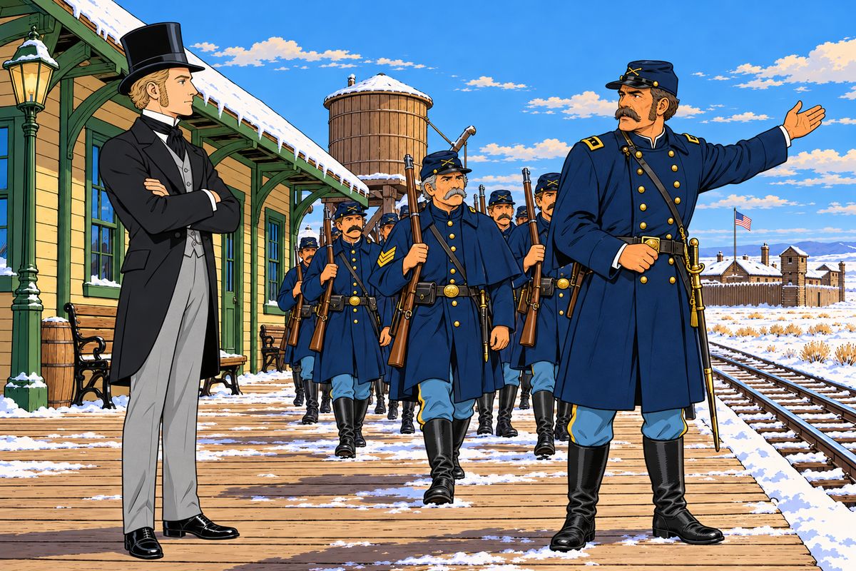 The soldiers drove off the Sioux, but Passepartout and two other passengers were gone. "I will find him, living or dead," Fogg told Aouda, though the delay would cost him his wager. When the captain refused to risk his men, Fogg said he would go alone, and the shamed captain called for thirty volunteers.