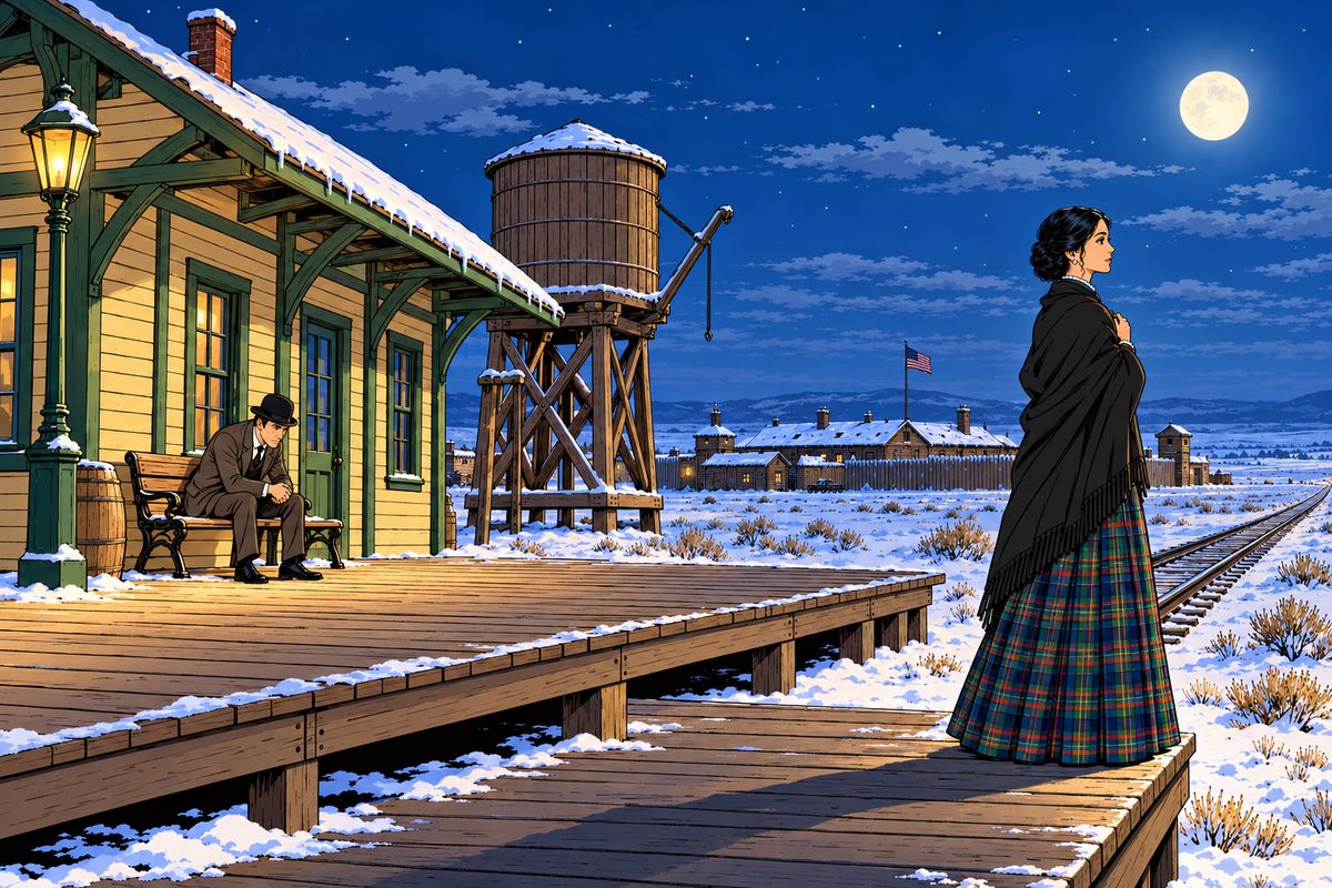 Fogg asked Fix to stay with Aouda, and the detective, torn between duty and admiration, agreed. That afternoon the runaway engine came back, and the train left without them. All through the bitter night, Aouda kept watch at the edge of the frozen plain while Fix sat silent on a bench.