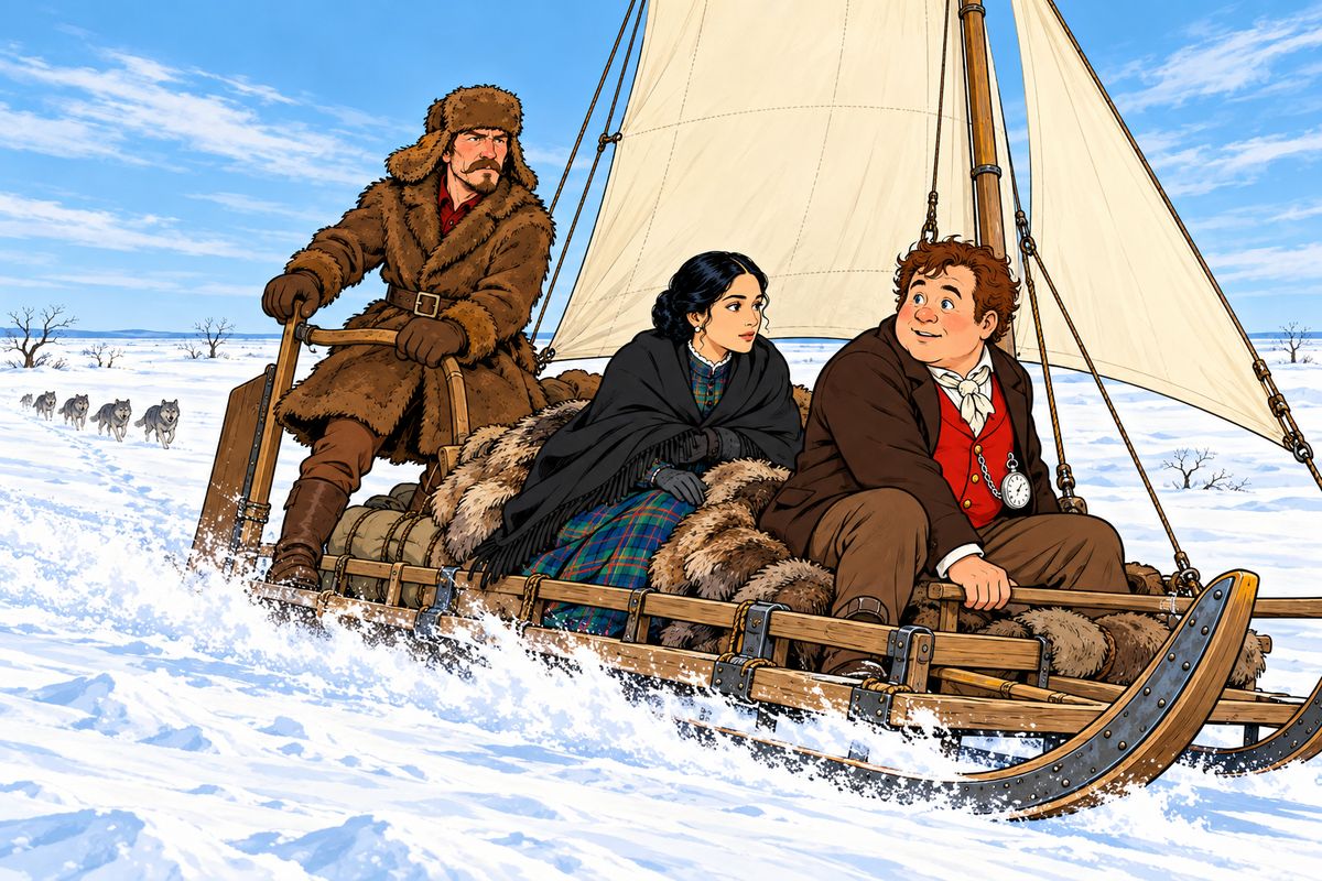 At eight o'clock the great sails filled, and the sledge flew east over the hard snow at forty miles an hour, crossing the frozen Platte. Hungry prairie-wolves ran howling after them, but the sledge soon left the pack far behind. Around one o'clock Mudge pointed to a cluster of snowy roofs. “We have got there!”