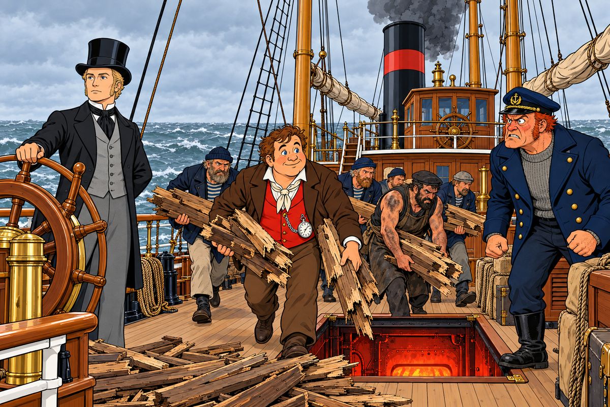 Thirty hours out, Fogg had won over the crew, locked Speedy in his cabin and turned the ship for Liverpool. After a Newfoundland gale the coal ran out on the 18th, so Fogg bought the Henrietta for sixty thousand dollars. Her cabins, masts and deck went into the furnaces until only a bare hulk reached Queenstown on the 20th.