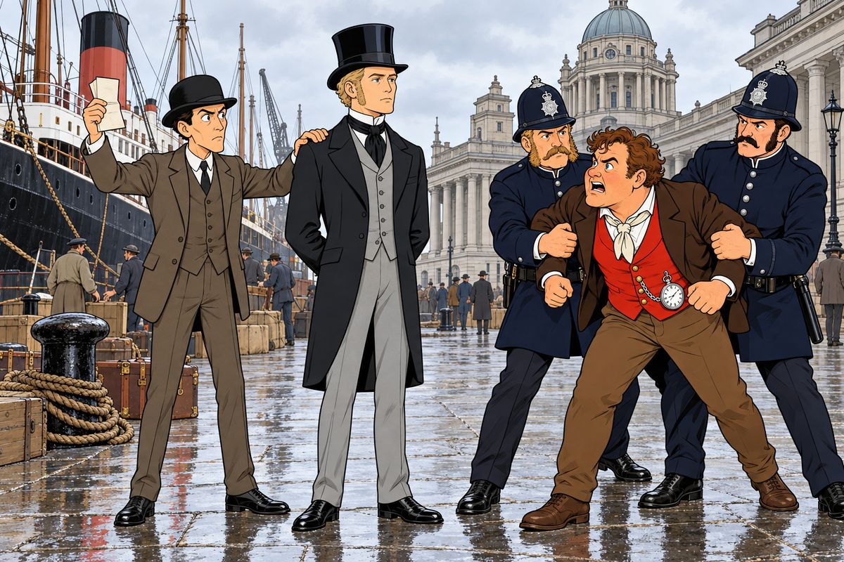 At twenty minutes to twelve on 21 December, the eightieth day, the Henrietta's passengers stepped ashore at Liverpool, with London only six hours away. Then Fix laid a hand on Fogg's shoulder and drew out his warrant. "In the Queen's name, I arrest you!" Policemen held Passepartout back, and Fogg was locked up in the Custom House.