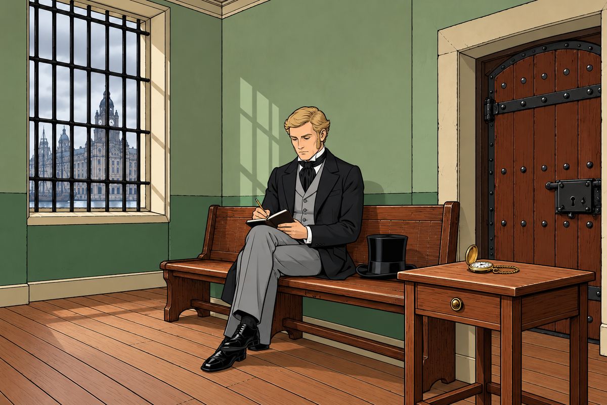 Inside, Fogg sat calmly on a wooden bench. He set his watch on the table and wrote in his journal, "80th day, 11.40 a.m." Outside under the portico, Aouda wept, and Passepartout blamed himself for never warning his master about Fix. When the clock struck one, Fogg saw his watch was two hours fast. An express could still have made it.