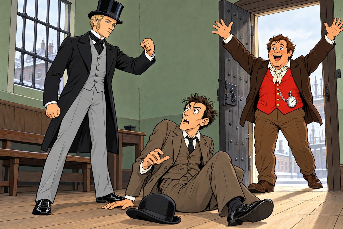 At 2:33 the door flew open, and a breathless Fix stammered that the real thief had been caught three days ago. Fogg was free! He walked up to the detective and, with the only quick movement of his life, knocked him down. "Well hit!" cried Passepartout. Within minutes the three were racing to the station.