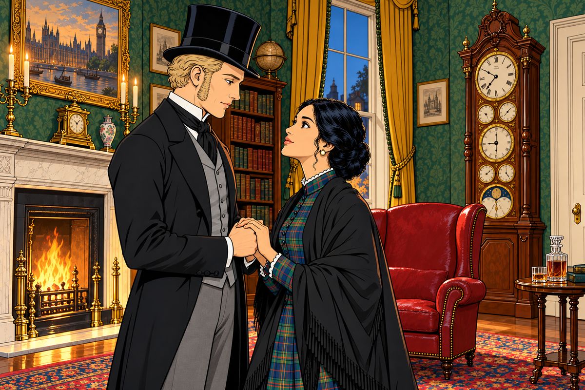 Passepartout begged his master to curse him, but Fogg only said, "I blame no one." That evening, by the fire, Fogg offered Aouda what little he had left. Instead she took his hand and asked him to marry her. For once his calm broke: "I love you!" Passepartout, beaming, ran off to fetch the Reverend Samuel Wilson for the wedding on Monday.