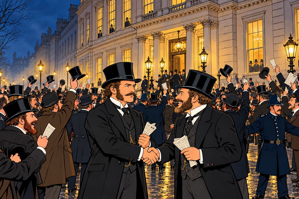 Meanwhile, London had never stopped watching the wager. The real bank robber, James Strand, had been caught on 17 December, clearing Fogg's name and reviving the betting fever. By Saturday evening a huge crowd filled Pall Mall, arguing and pressing towards the Reform Club as the clock approached a quarter to nine.
