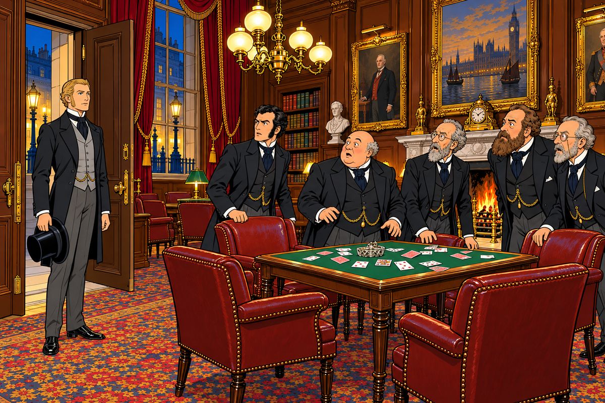 Inside, Fogg's five opponents tried to hide their nerves over a game of whist, their eyes on the clock. "He has lost a hundred times over!" Andrew Stuart declared. At the fifty-fifth second before a quarter to nine a roar rose in the street; at the fifty-seventh the door flew open, and Phileas Fogg calmly said, "Here I am, gentlemen!"