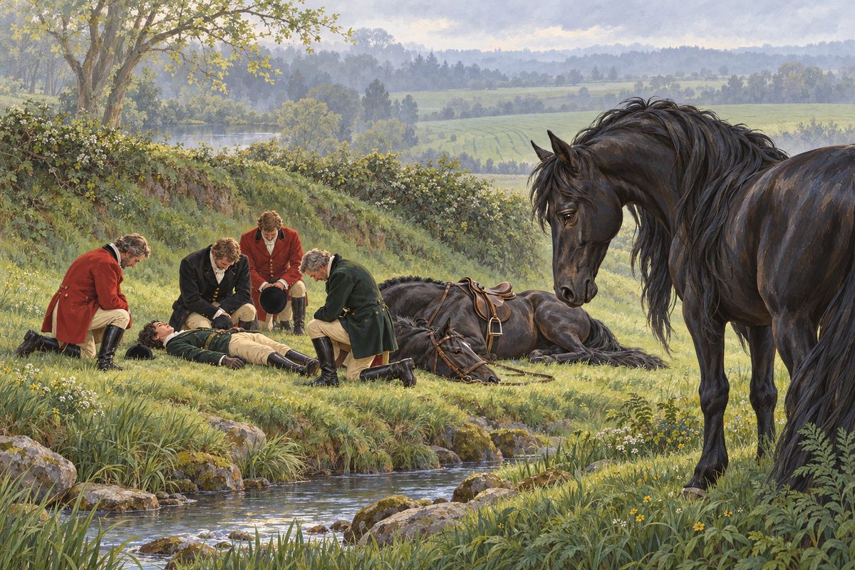 Then I saw a sad sight by the brook: two fine horses were down, and one rider lay quite still. It was young George Gordon, the squire's only son, and his neck was broken. My mother would not blame him. “I never yet could make out why men are so fond of this sport,” she said quietly.