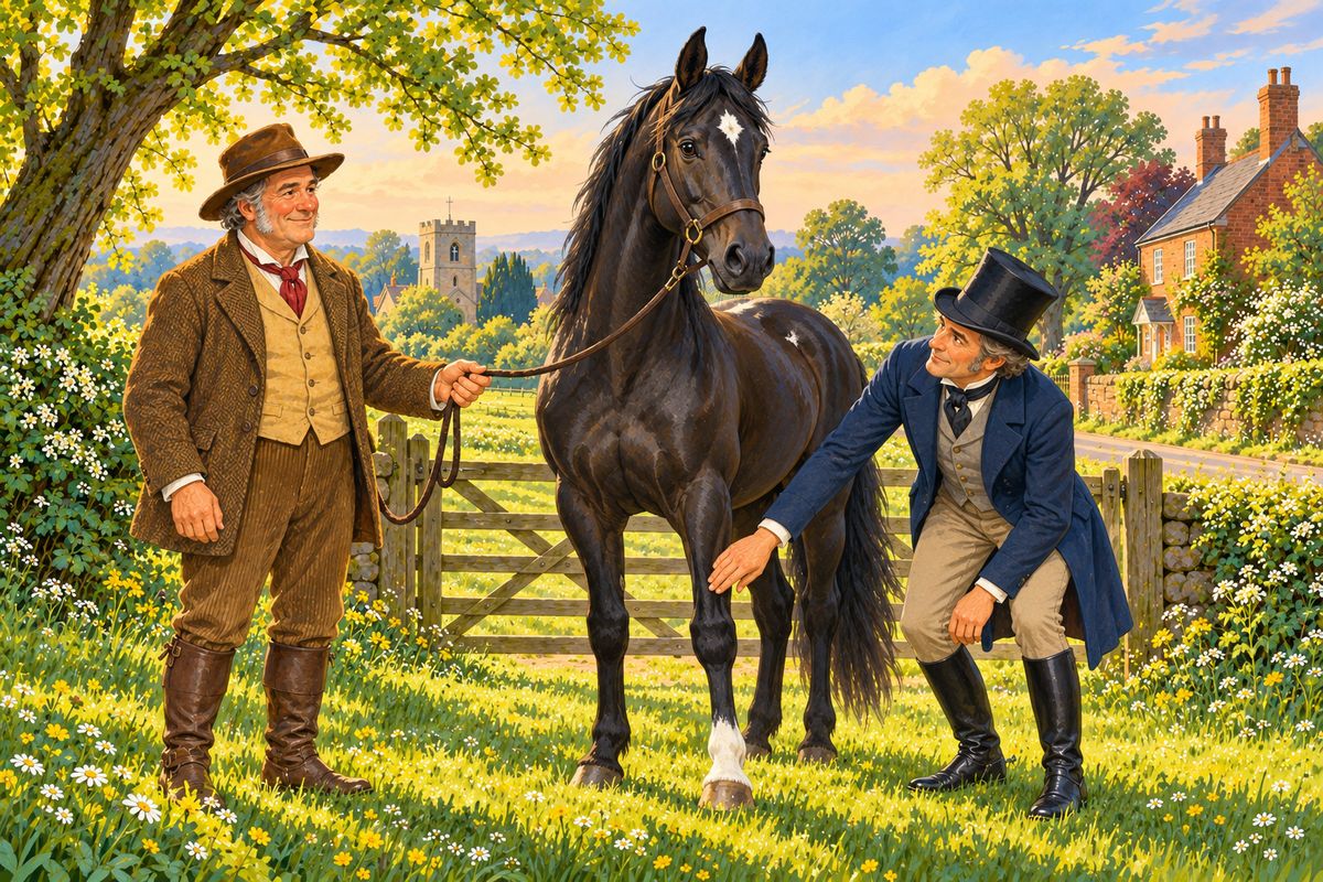 By the time I was four, I had grown handsome, with a bright black coat, one white foot and a white star. Squire Gordon came to look me over, feeling my legs and watching me trot. "When he has been well broken in he will do very well," he said, and my master, Farmer Grey, decided to break me in himself.