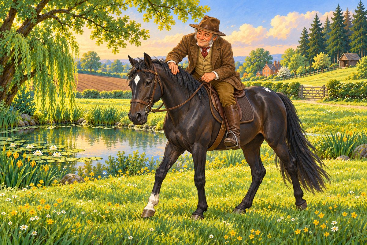 The next day my training began. With oats, pats and great patience, my master coaxed the hated cold steel bit into my mouth and the saddle onto my back. Then one morning he rode me round the meadow on the soft grass; it felt queer, but I was proud to carry him. Later, at the forge, I stood quietly on three legs while the smith nailed on my iron shoes.