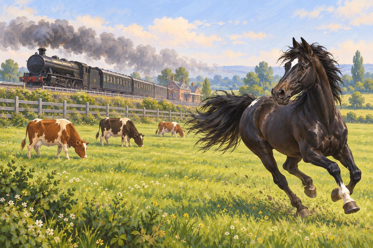 Next came collar, blinkers and the hated crupper, then two weeks in a farmer's meadow beside the railway. When the first train rushed past in a roar of smoke and clatter, I bolted to the far side of the field, snorting with fear. But the cows hardly lifted their heads, and soon I cared no more about trains than they did.
