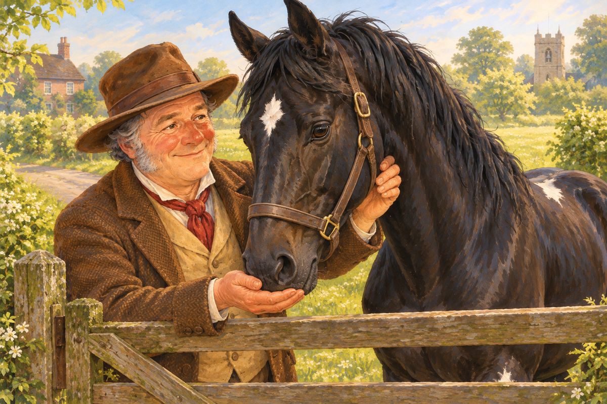 Early in May, when my coat shone like a rook's wing, a man came from Squire Gordon's to fetch me. "Good-by, Darkie; be a good horse, and always do your best," said my master. I could not say good-by, so I put my nose into his hand, and then I left my first home.