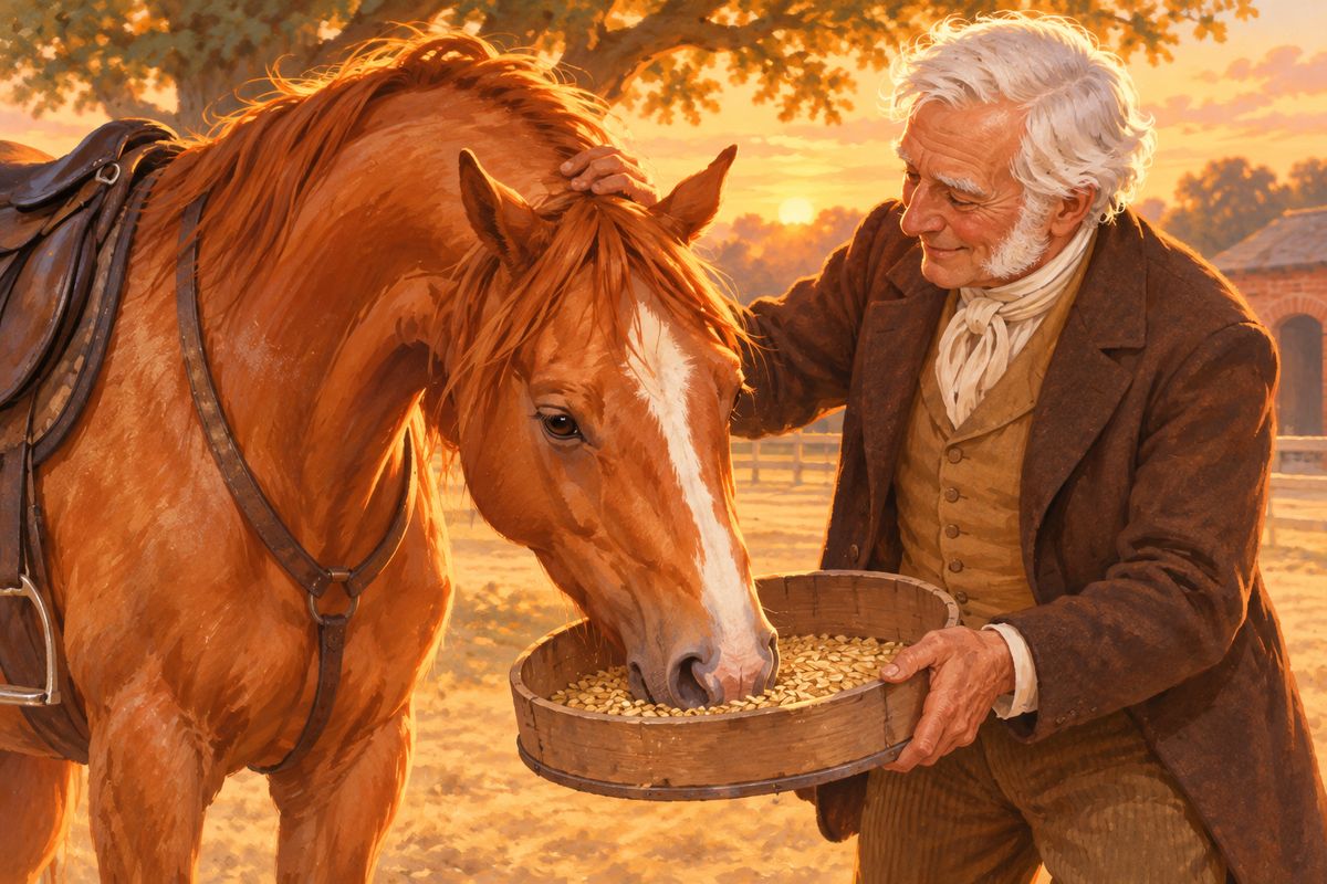 Ginger told me that at sunset old Mr Ryder came quietly with a sieve of oats, calling, 'Come along, lassie,' and his kind voice took away her fear. He sponged her sore sides himself and told his son, 'A bad-tempered man will never make a good-tempered horse.' After that, steady Job finished her training.