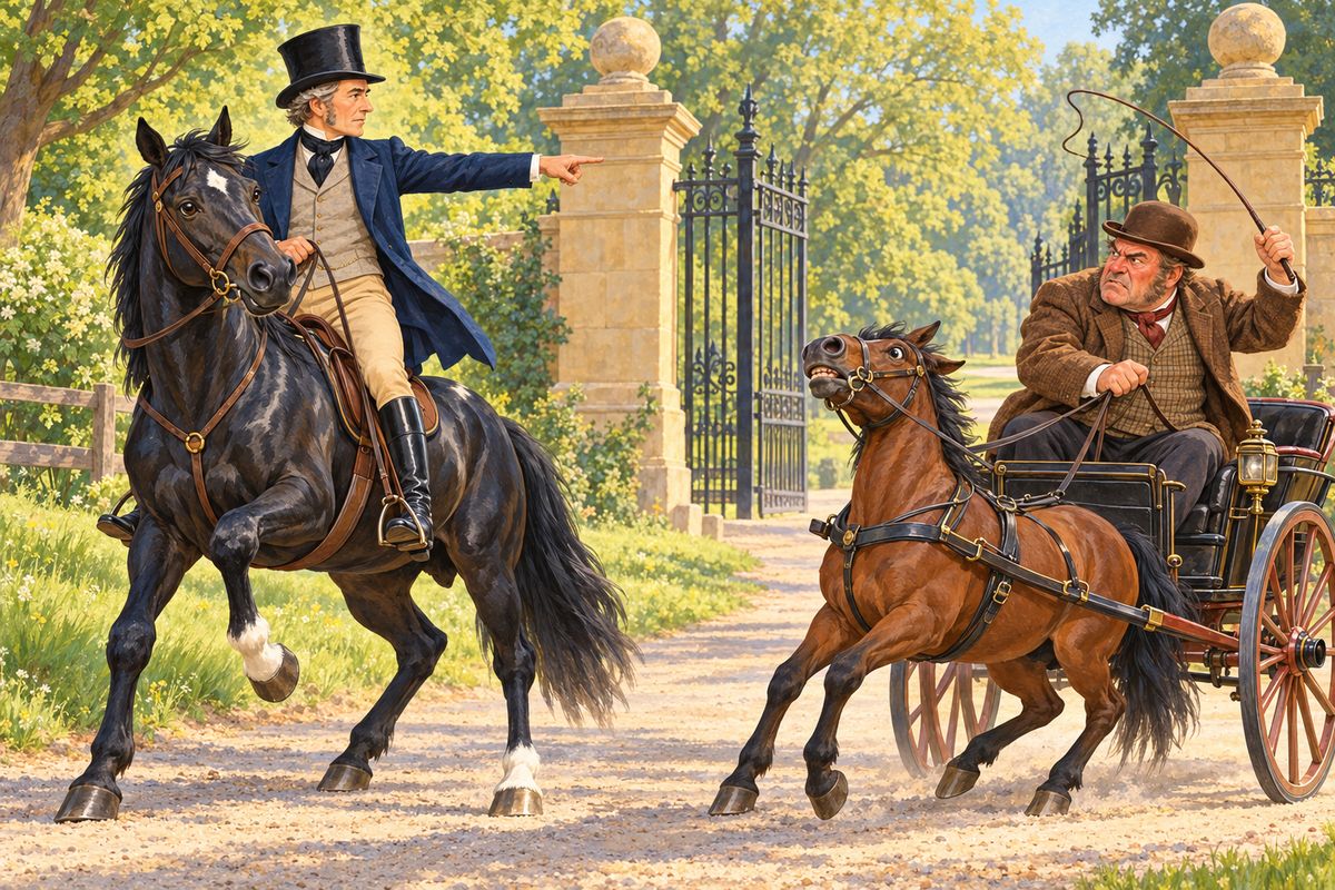 One morning by the park gates, I saw Sawyer the builder wrench and lash his little bay pony for turning toward us. My master rode me straight up to him. 'Is that pony made of flesh and blood?' he demanded, and he told Sawyer that such brutal passion hurt his own character as much as it hurt his horse.
