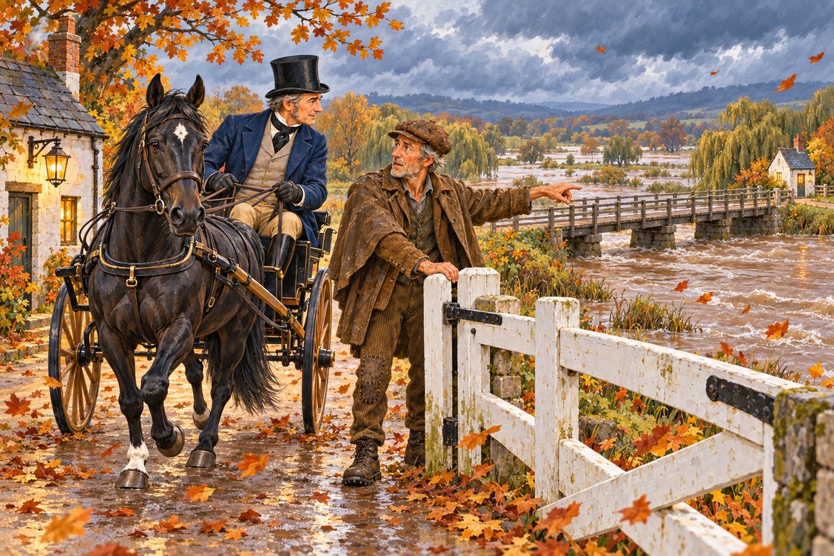 One windy autumn day my master drove to town on business in the light dog-cart, with John beside him and me between the shafts. At the toll-bar by the low wooden bridge, the gatekeeper looked at the swollen river and shook his head. "It's rising fast, sir. I fear it'll be a bad night."