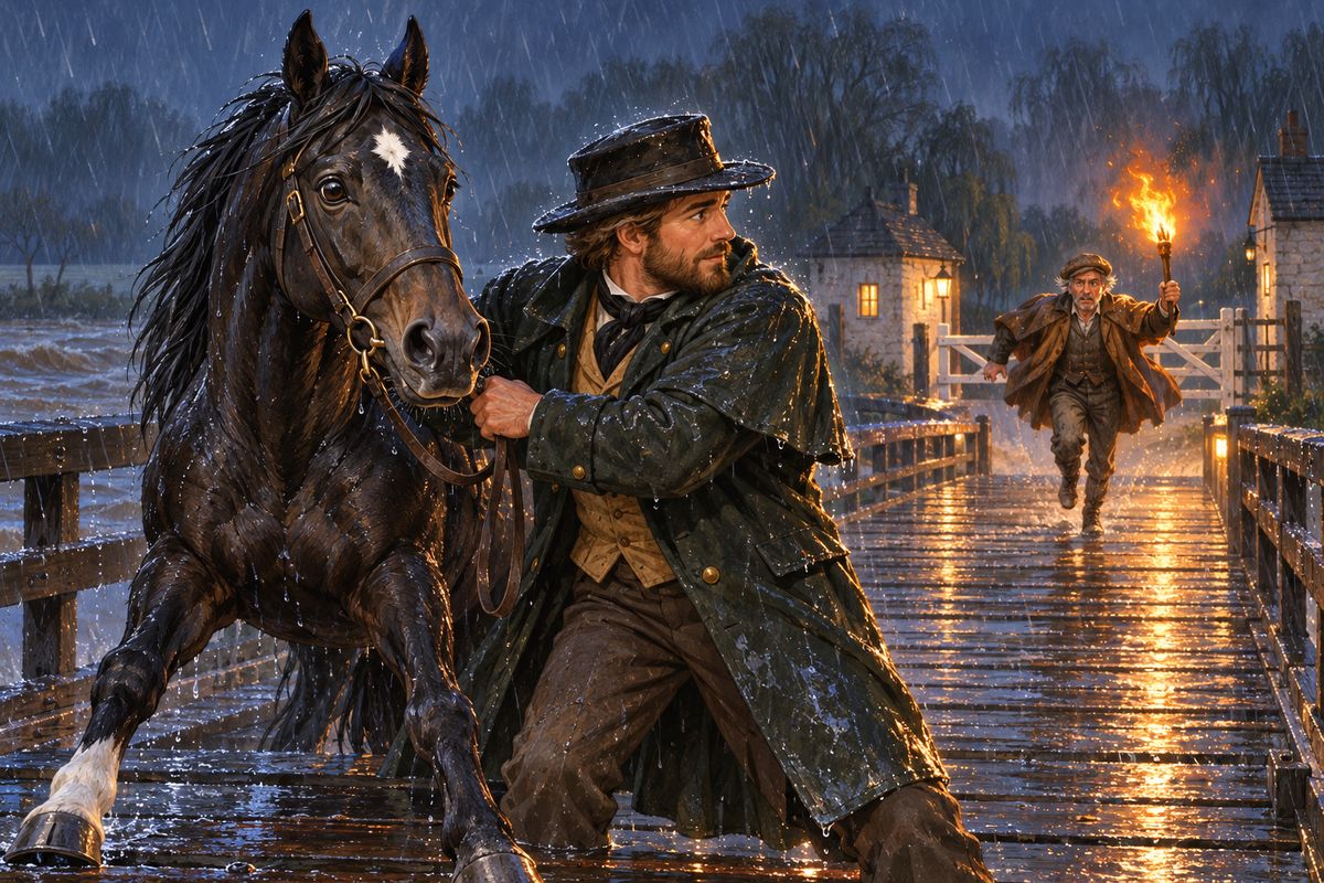 We went six miles round and reached the bridge almost in the dark. The moment my hoofs touched it I stopped dead, and not even the whip would move me. John was trying to lead me on when the toll-keeper on the far side ran out waving a torch. "Stop! The bridge is broken in the middle, and part of it is carried away!"