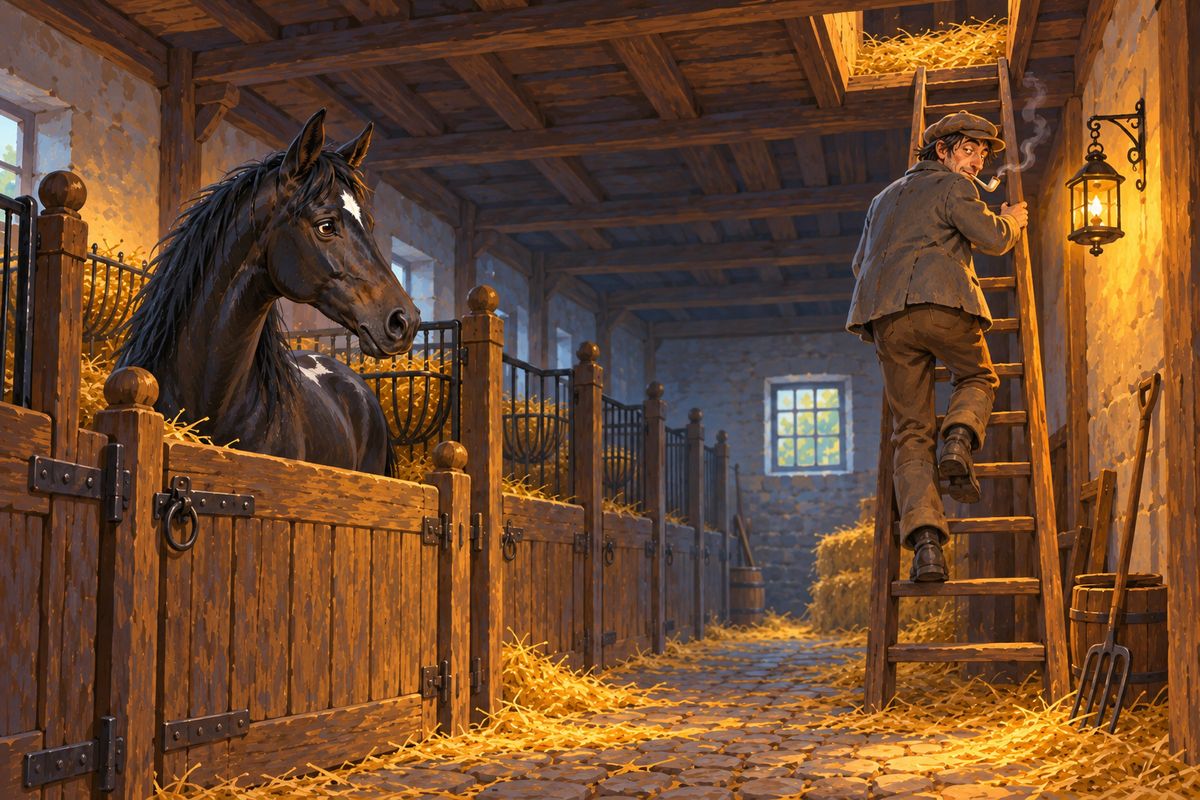 Soon after, James drove my master and mistress on a long journey to visit friends, and at sunset we stopped at a big inn, where a quick little old hostler rubbed us horses down. Later a young man, Dick Towler, lounged in and climbed up to the hay loft with his pipe still in his mouth.
