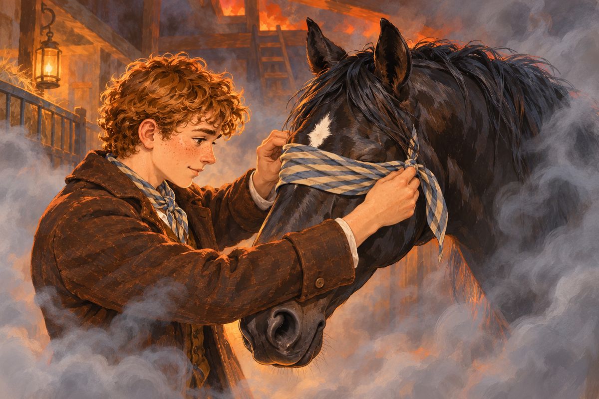 In the night I woke to thick, choking smoke and a crackling roar overhead. We horses stood frozen with fear and would not follow the frightened hostler. Then came James, quiet and cheery: "Come, Beauty, on with your bridle, my boy." He tied his scarf lightly over my eyes and led me out.