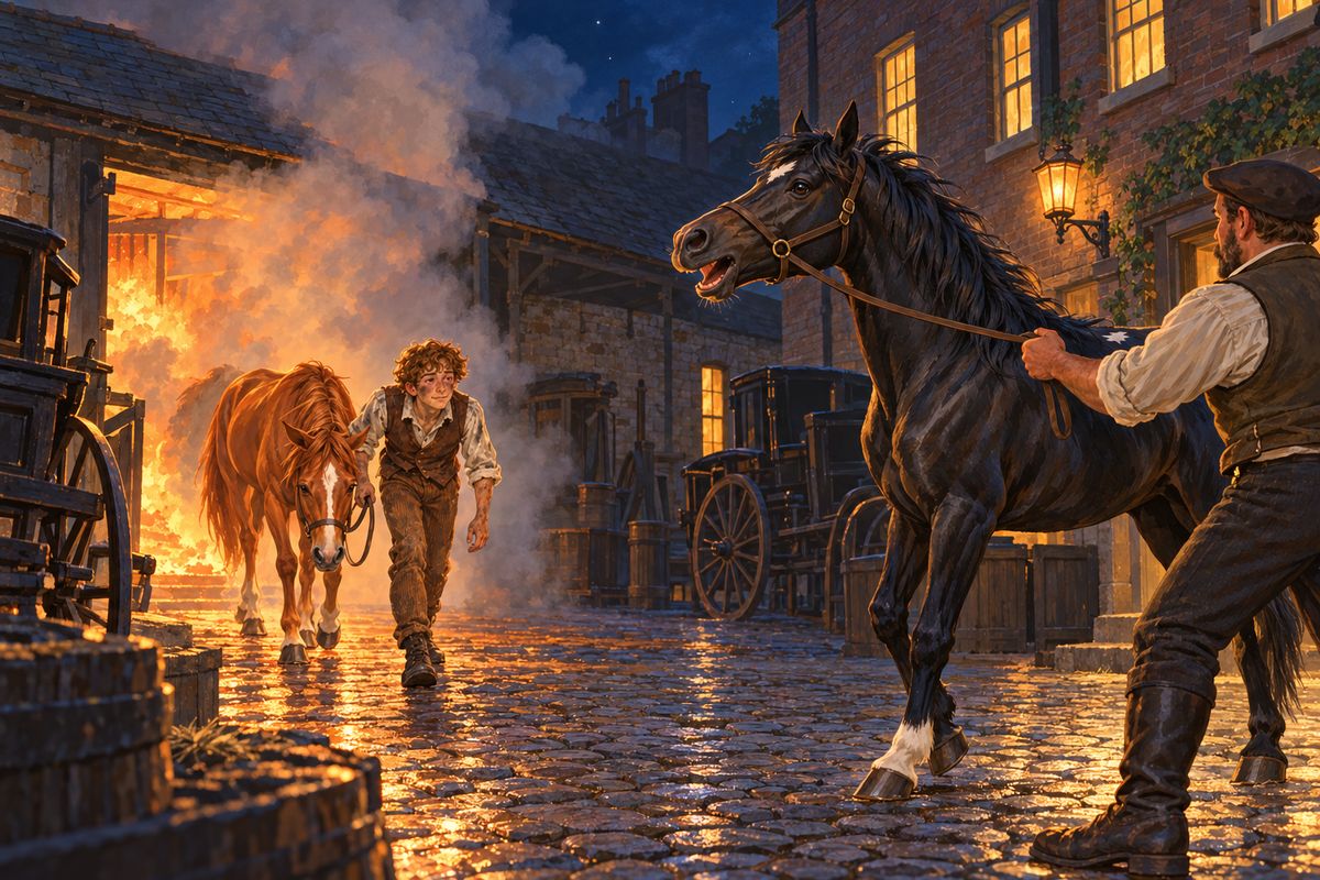 Out in the yard I gave a shrill whinny as James darted back inside, and Ginger later told me that hearing me gave her the courage to come. While the master shouted James's name, James came out of the smoke leading her, coughing too hard to speak, just as the fire-engine thundered in. Everyone later blamed Dick Towler's pipe.