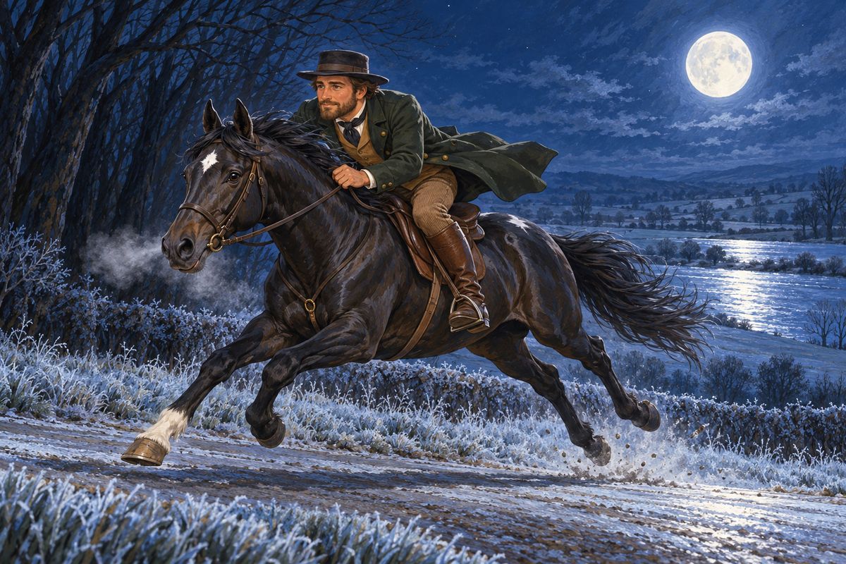 A few nights after James had gone, the stable bell rang loud in the dark. "Ride for your life—that is, for your mistress' life," said the squire. Through the park, the village and the toll-gate John galloped me, and I needed no whip or spur. On we went under a frosty moon, through a dark wood, eight miles to the town.