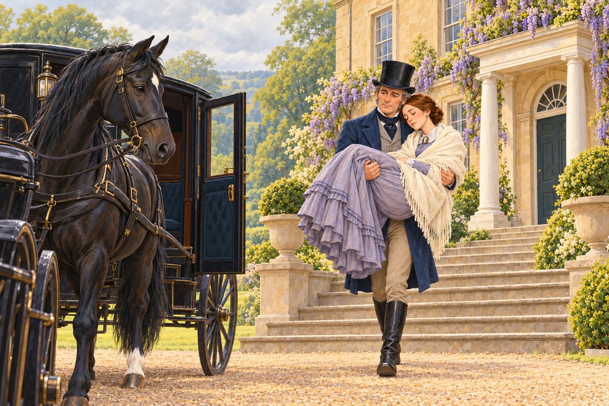 On the last sad day, Ginger and I brought the carriage to the hall door for the final time. I had heard that John turned down other good places, hoping to train young horses. Master came down the steps carrying the mistress in his arms and set her gently in the carriage while the house servants stood round crying. "Drive on, John."